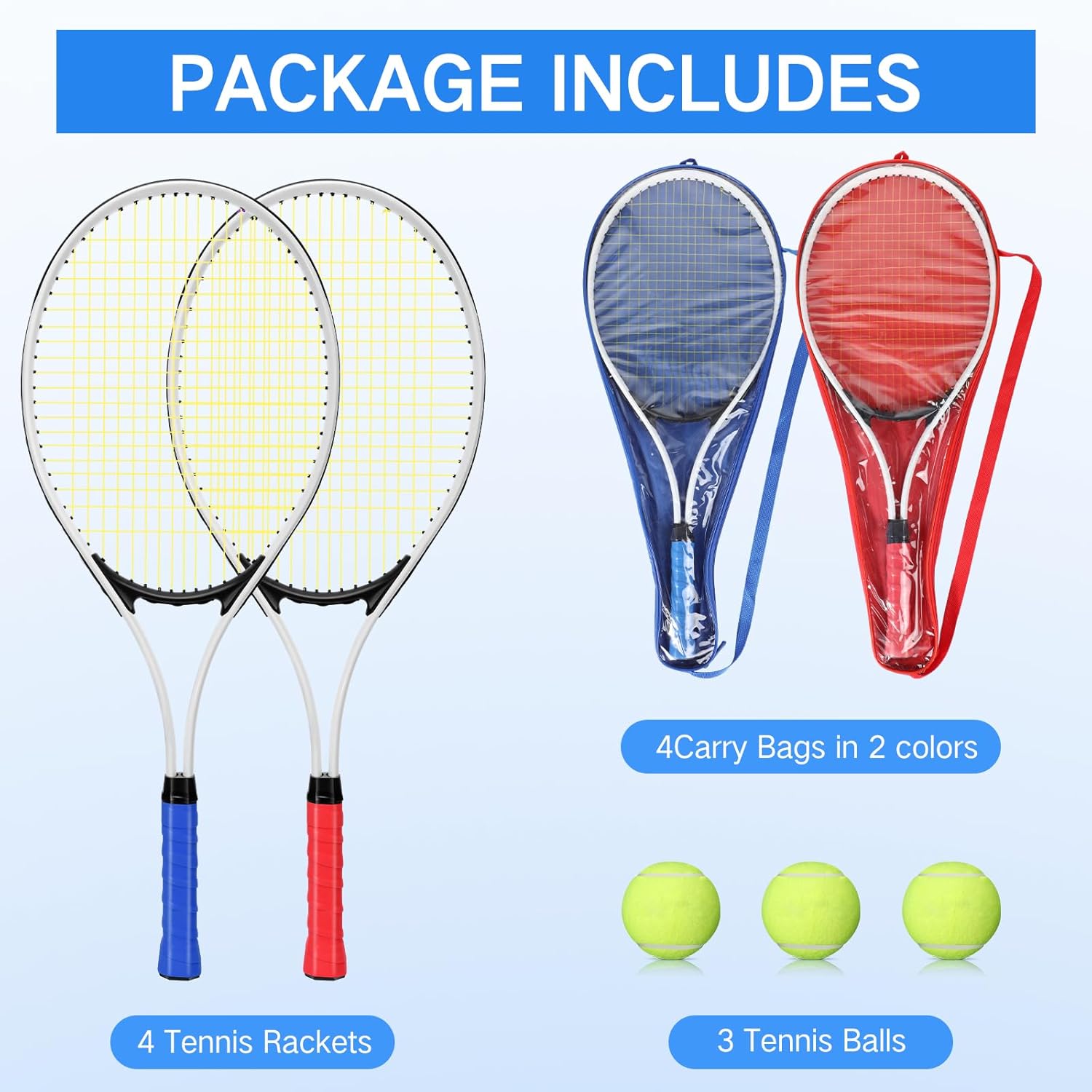 4 Pcs Tennis Rackets for Adult Recreational 4 Players 27" Tennis Racquet Lightweight Tennis Racket with 3 Tennis Balls for Training Beginners with Overgrips Carry Bag